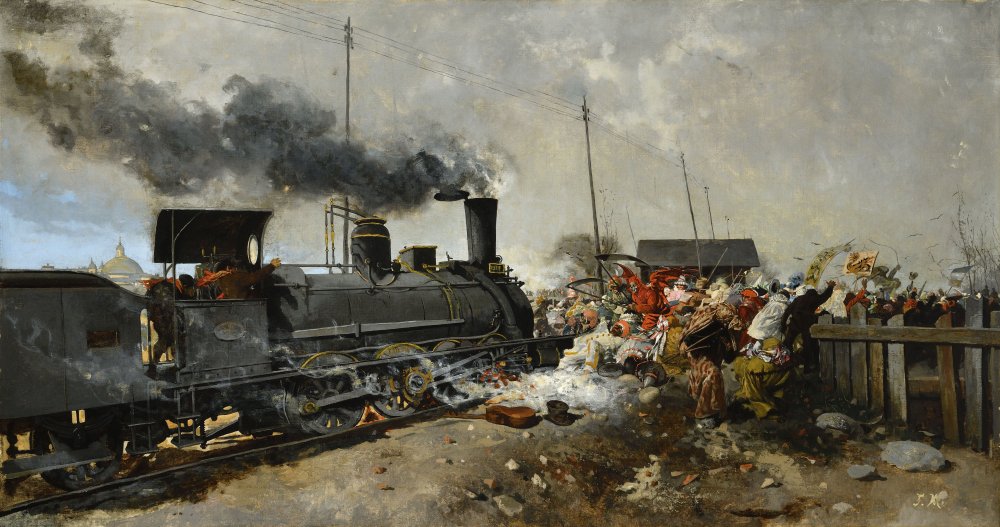 Locomotive rushing towards a carnival crowd