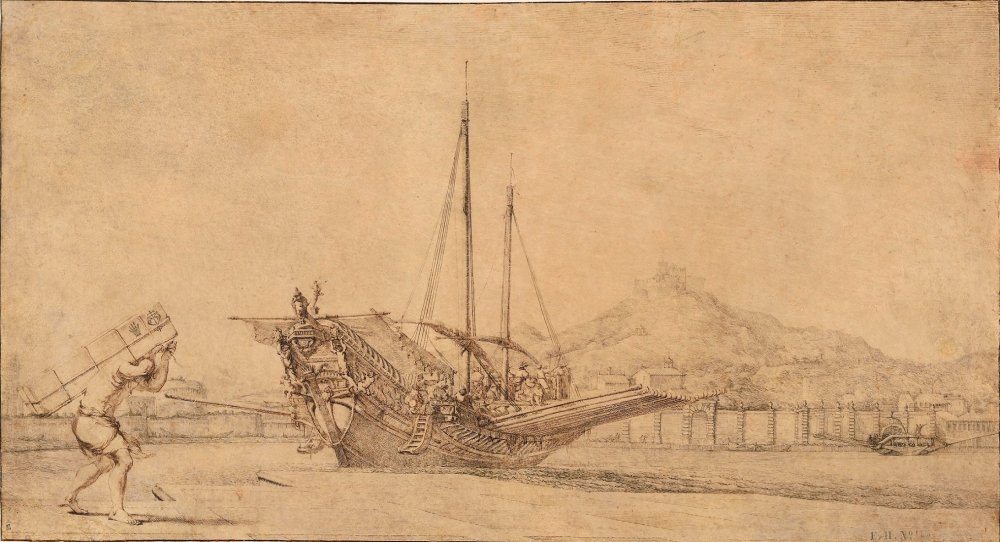 Stevedore and Galiot in the Port of Marseilles in front of the Fort and&nbsp;(…)