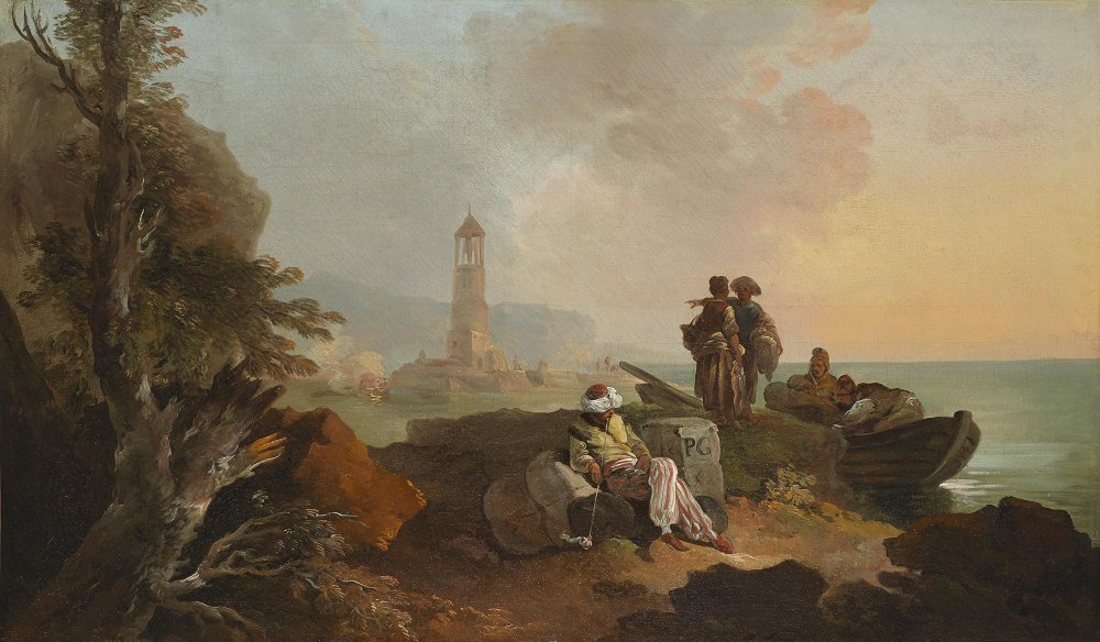 Le Turc fumant la pipe et les pêcheurs à l’entrée d’un port le matin