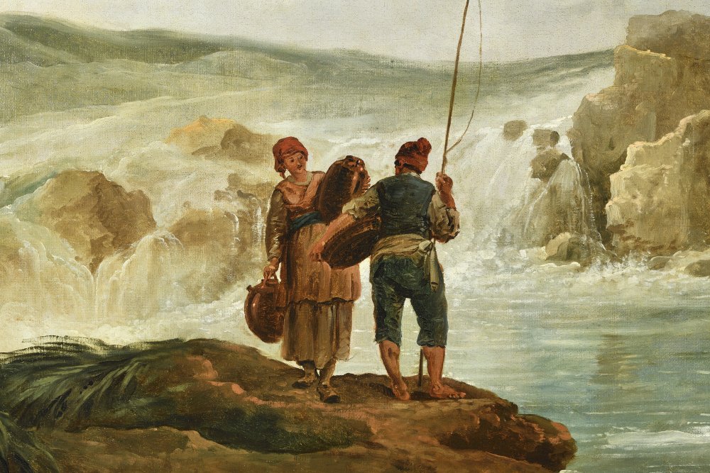 Washerwomen and a Fisherman beneath an Ancient Bridge with a Waterfall&nbsp;(…)