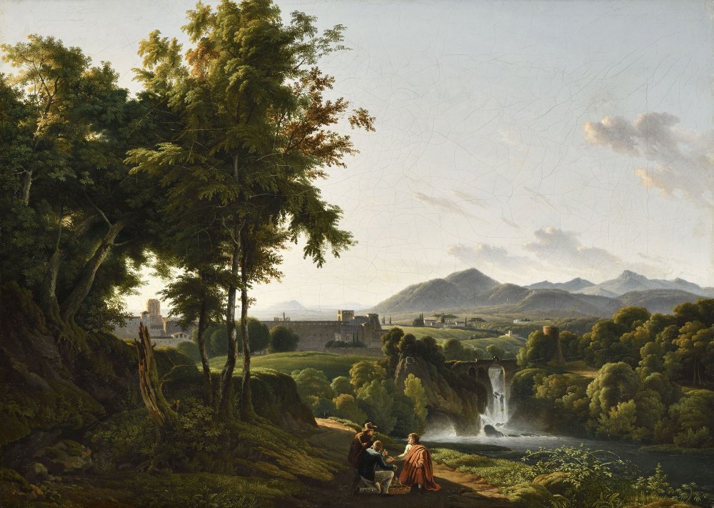 Paysage d’Italie animé d’une cascade et d’un groupe de personnages