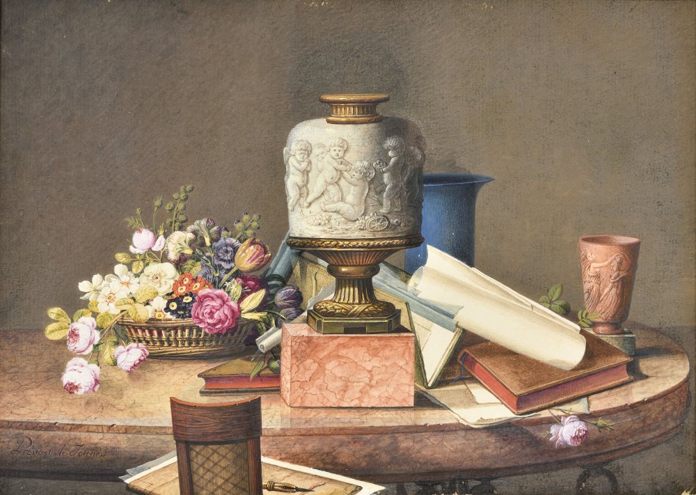 Still Life with a Flower Basket, Vases, Books and Manuscripts on a Pedestal&nbsp;(…)
