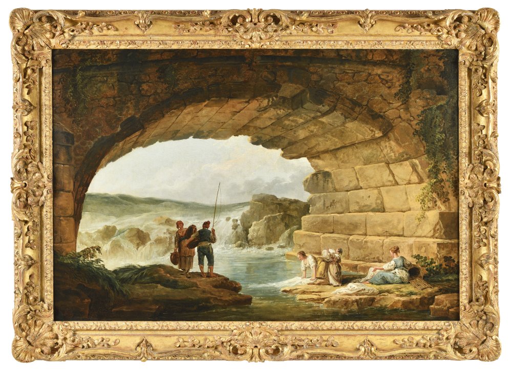 Washerwomen and a Fisherman beneath an Ancient Bridge with a Waterfall&nbsp;(…)