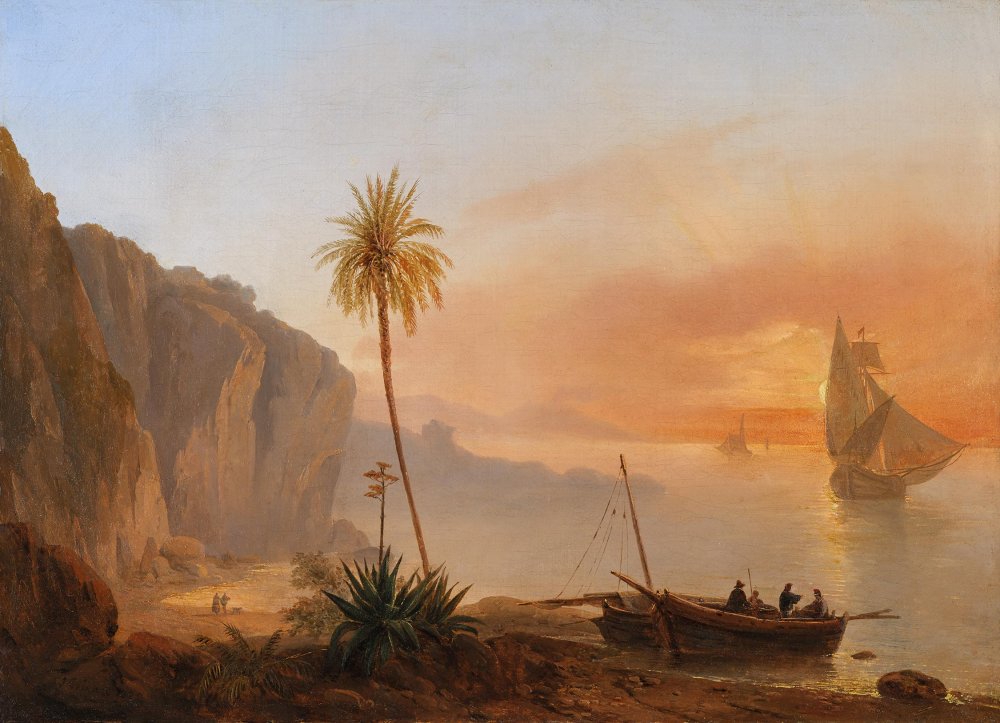 « Vue de la côte amalfitaine, le retour de la pêche au crépuscule »