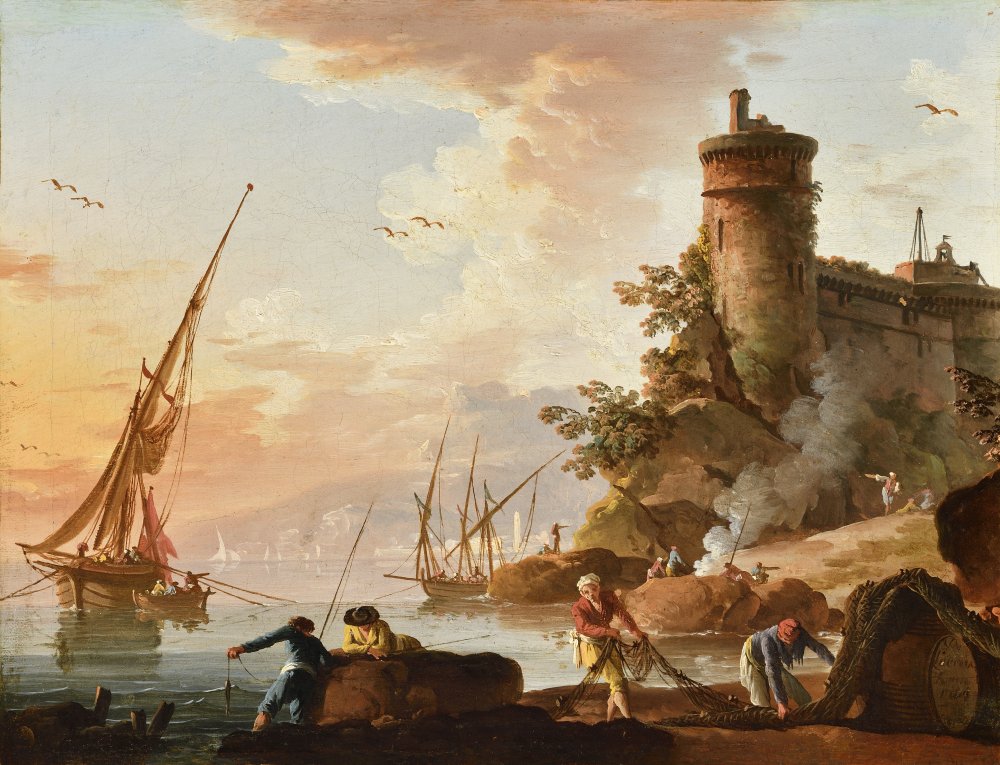 View of a Mediterranean Port at Sunset, with Fishermen in the Foreground and&nbsp;(…)