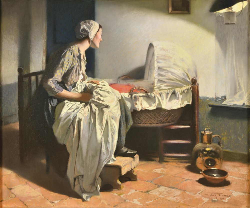 Jeune mère veillant sur le berceau