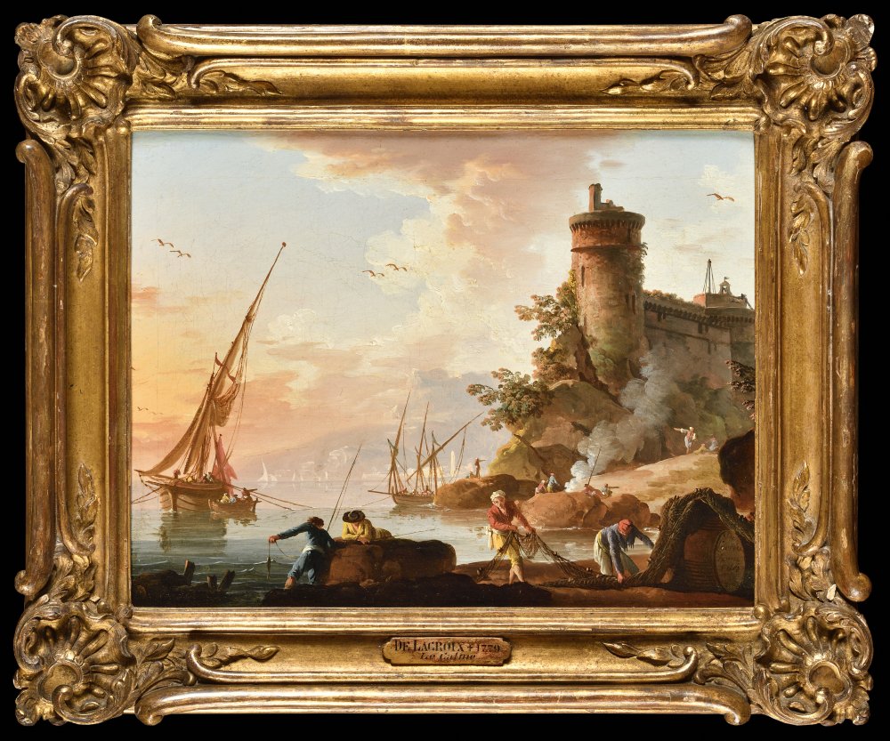 Vue d’un port méditerranéen au coucher du soleil, des pêcheurs au premier&nbsp;(…)