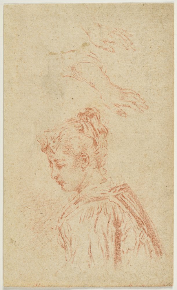 Étude de jeune femme de profil et deux études de mains