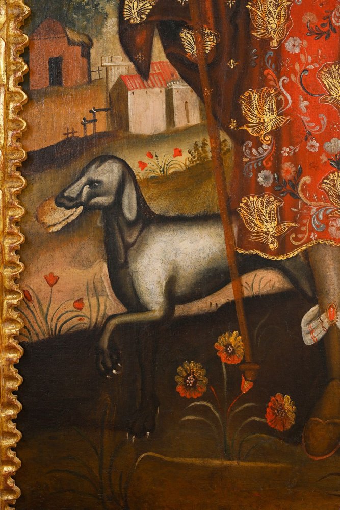 Saint Roch surrounded by an angel and his dog against a landscape background
