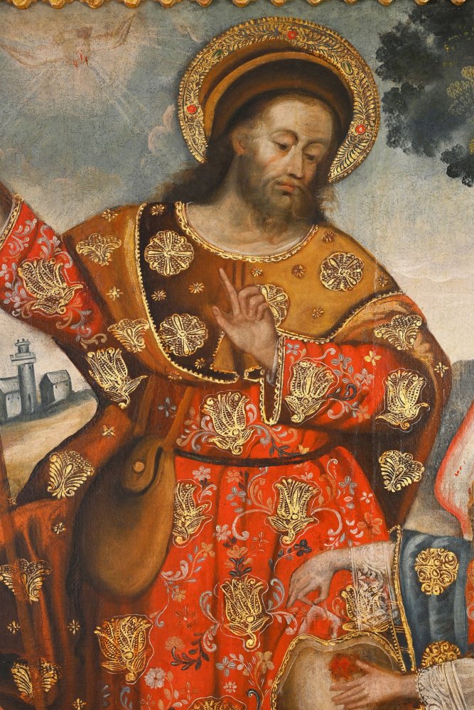 Saint Roch surrounded by an angel and his dog against a landscape background