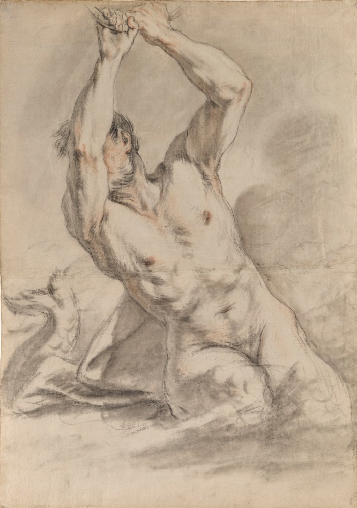 Étude de triton les bras levés tenant une corde