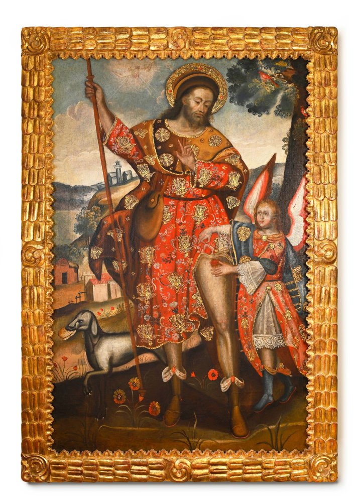 Saint Roch surrounded by an angel and his dog against a landscape background