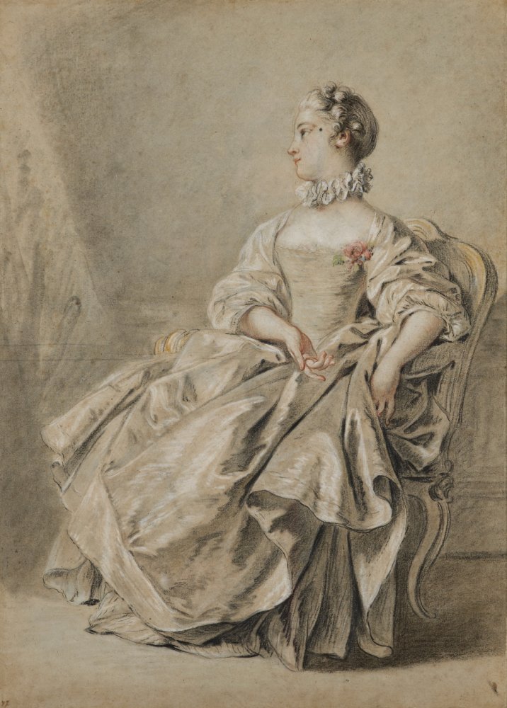 Seated Woman in Golden Silk Dress in Front of a Curtain