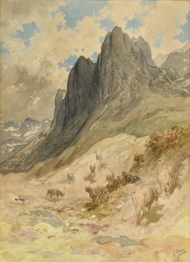 Mountainous landscape of the Pyrenees animated by a herd