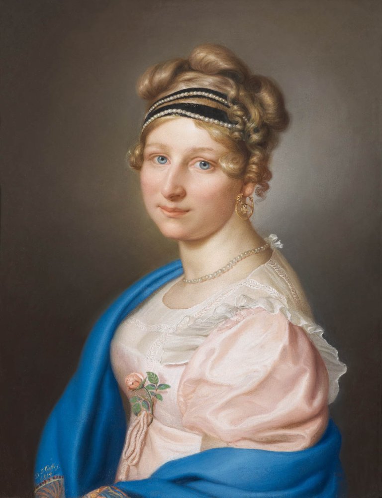 « Portrait de jeune femme en buste au ruban de perles »