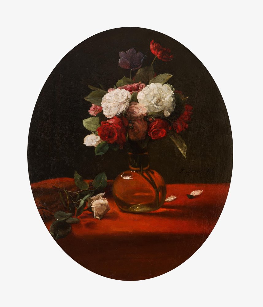 Nature morte au bouquet de pivoines et roses sur une table nappée