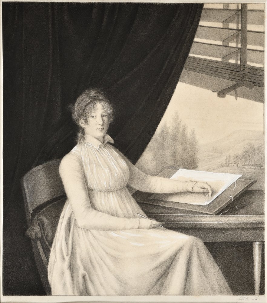 Portrait d’une femme artiste à son bureau, appuyée sur son portefeuille,&nbsp;(…)